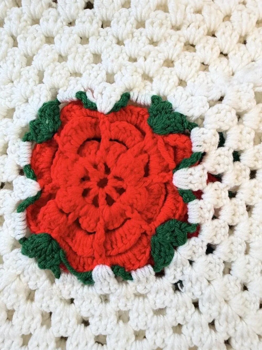 80X96 Crochet Granny Square Afghan Red Roses Hand Made White Background